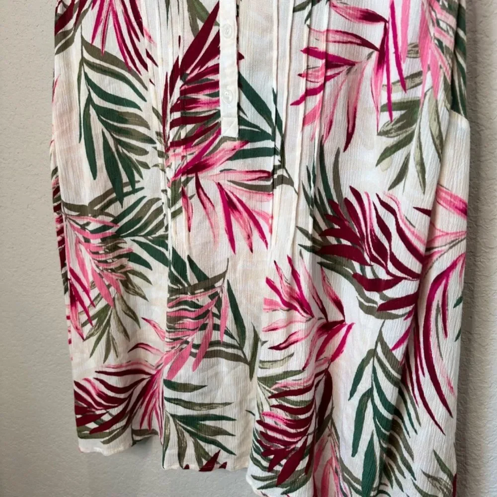 Catherines White Green Pink Vibrant Palm Print Sleeveless Blouse - Size 2X EUC